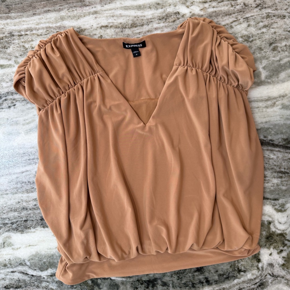 Express Tan Ruched Sleeve V-Neck Top